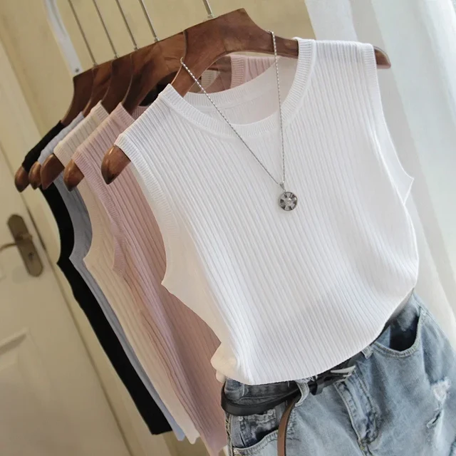 Blusa feminina de malha com decote em O, camisa sem mangas, roupas femininas,  tops e blusas, moda verão, C853, 2024 - AliExpress