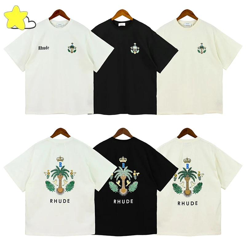 

Rhude T-shirts Men Women High Quality Coconut Tree Printing Logo Short Sleeve Black White Apricot RHUDE Top Tees