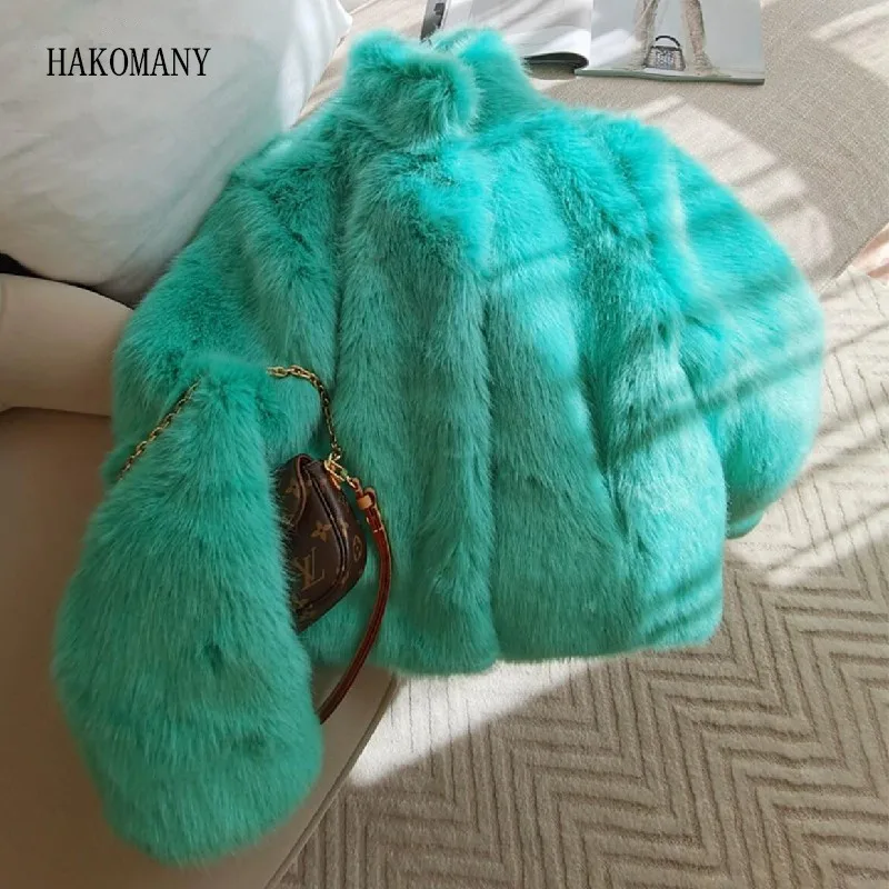 

2023 Winter Mint Green Hairy Shaggy Faux Fur Coat The Spice Girls Full Sleeve Furry Warm Jacket Women Short Outercoat