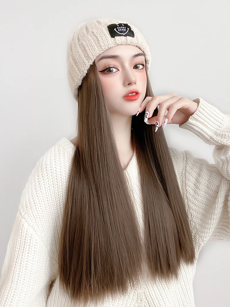 AS Long Straight Hat Wig Natural Brown Wigs Connect Synthetic Synthetic Knitted hat Hair Wig Hat Wig Adjustable For Women