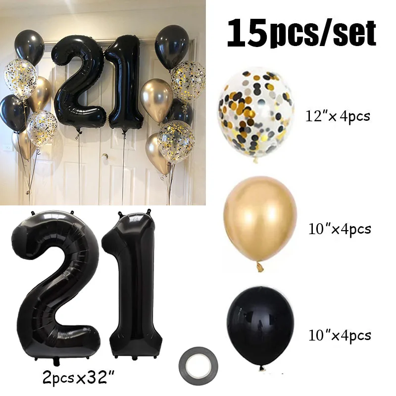 15pcs 32inch Black Number Foil Balloons Happy Birthday Party Decorations Adult Kids 10 11 14 15 18 21 25 30 35 40 50 60 Year Old