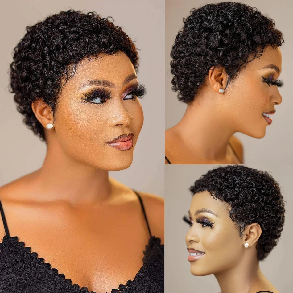 Short Afro Kinky Curly Pixie Cut Wigs For Women Human Hair Malaysian Remy  180% Density Human Hair Wigs Glueless Machine Made Wig