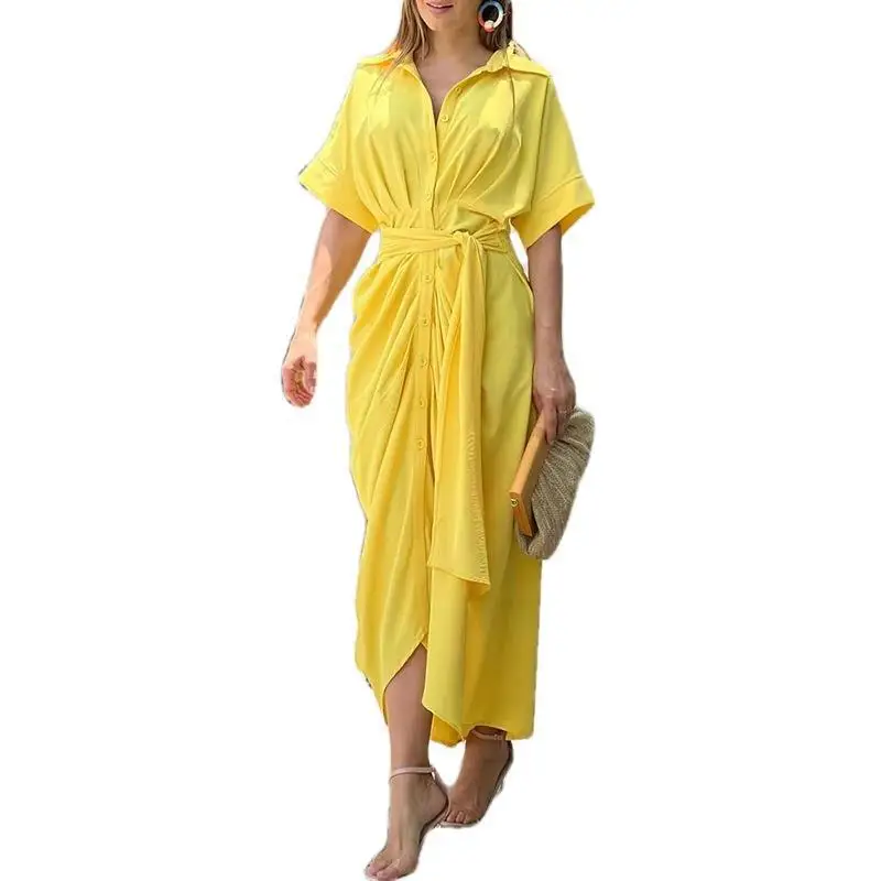2025 Spring Summer New Women's Elegant Solid Color Wrinkled Lace-up Midi Dresses Female Fashion Print Button Lapel Shirt Dress 4