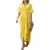 2025 Spring Summer New Women's Elegant Solid Color Wrinkled Lace-up Midi Dresses Female Fashion Print Button Lapel Shirt Dress 4