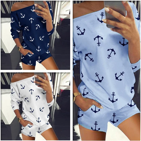 suit shorts  t-shirts women two-piece Hot style women's clothing collar  Boat Anchor printing long sleeve shirt female women