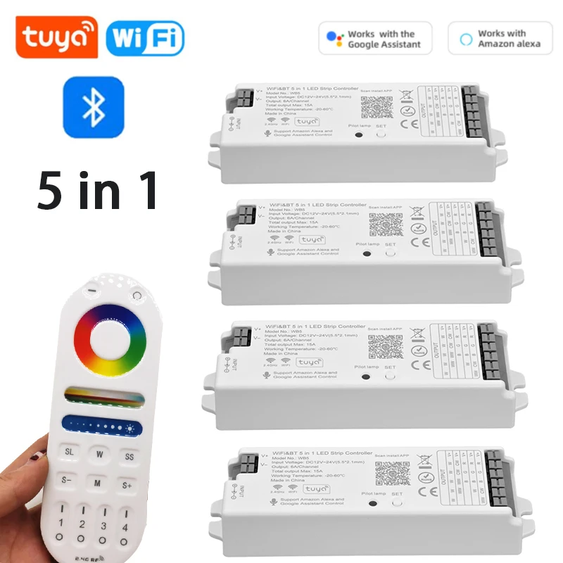 

Tuya Wifi 5IN1 WB5 Bluetooth LED Controller DC12V 24V Dimmer RGB RGBW RGBCCT LED Strip Light 2.4G RF Remote Controller for Alexa