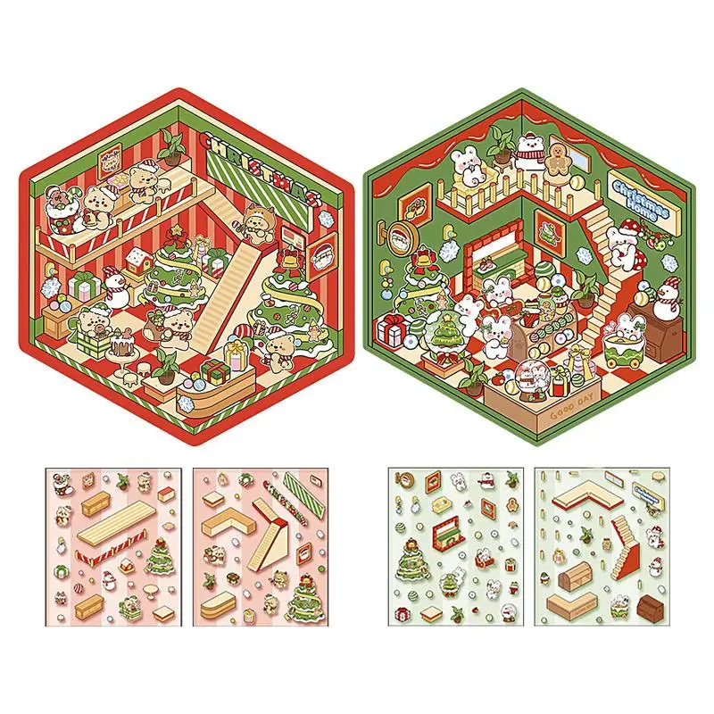 Christmas house stickers 3D miniature scene Cartoon Scene Stacking and Pasting Stickers Festival Birthday Gift for Child Student