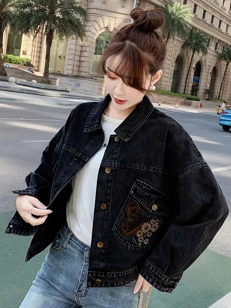 Butterfly Flower Embroidered Letter Denim Jacket Woman Spring Autumn Coat Cotton Outerwear Button Female Girl Casual Jeans