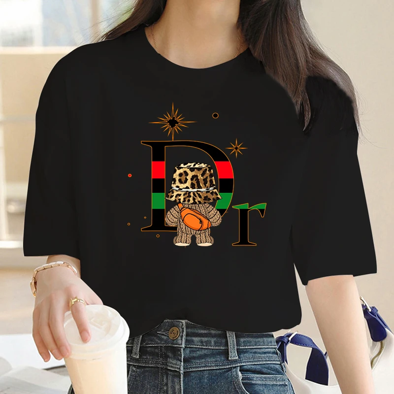 

2023 New Fashion Y2K Streetwear Summer Women's Oversized T-shirt's Western Style Leopard Bear Printed Short Sleeve Everyday Top