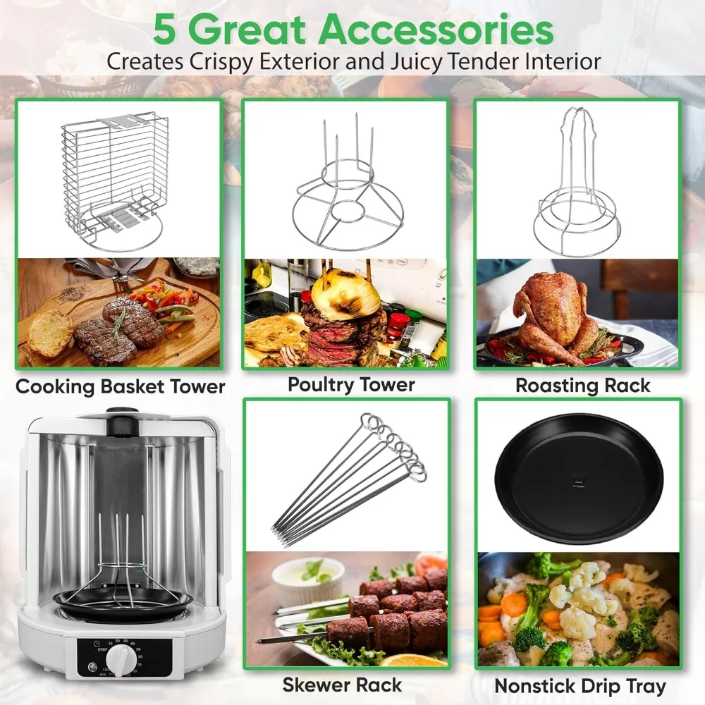 Vertical Rotisserie Oven Roaster - Rotating Shawarma/Kebab Machine with Skewer and Rack, Basket Tower, Roasting Rack 2