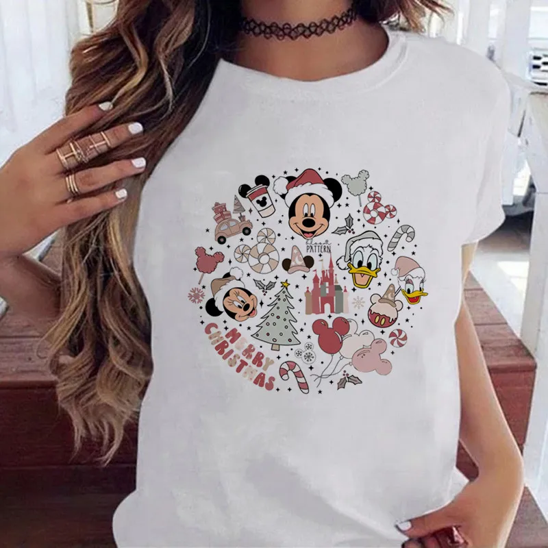 Disney Micky Mouse Paperino Merry Christmas Clothes For Women Fashion White Tops Tee Kawaii T Shirt Donna