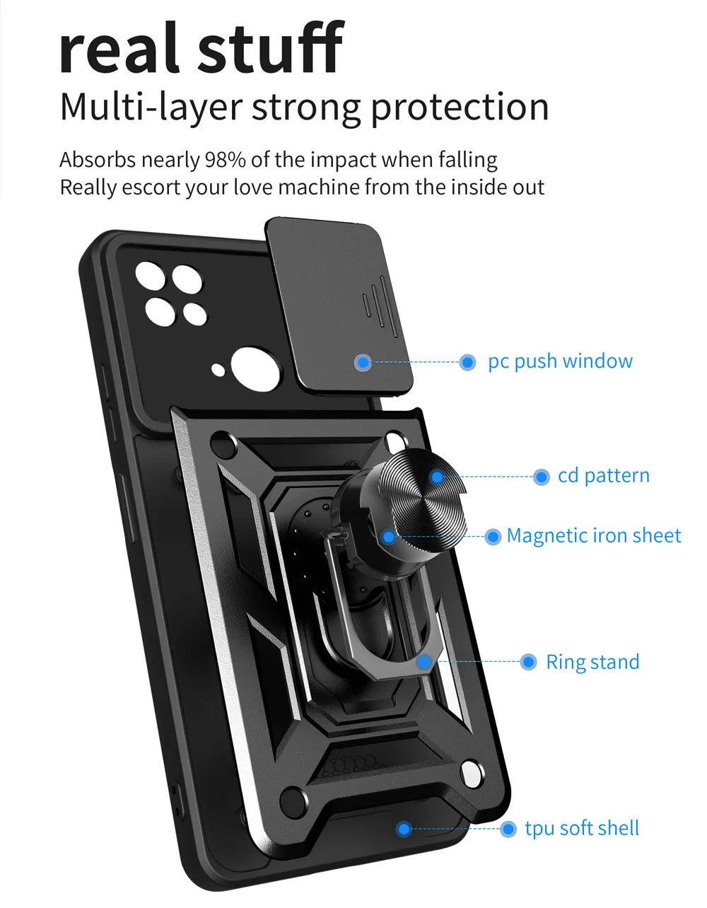 DOINK Cover Armor per Xiaomi Redmi 10 / Redmi 10 2022, Custodia TPU+PC Antiurto con Anello Supporto - Rosso
