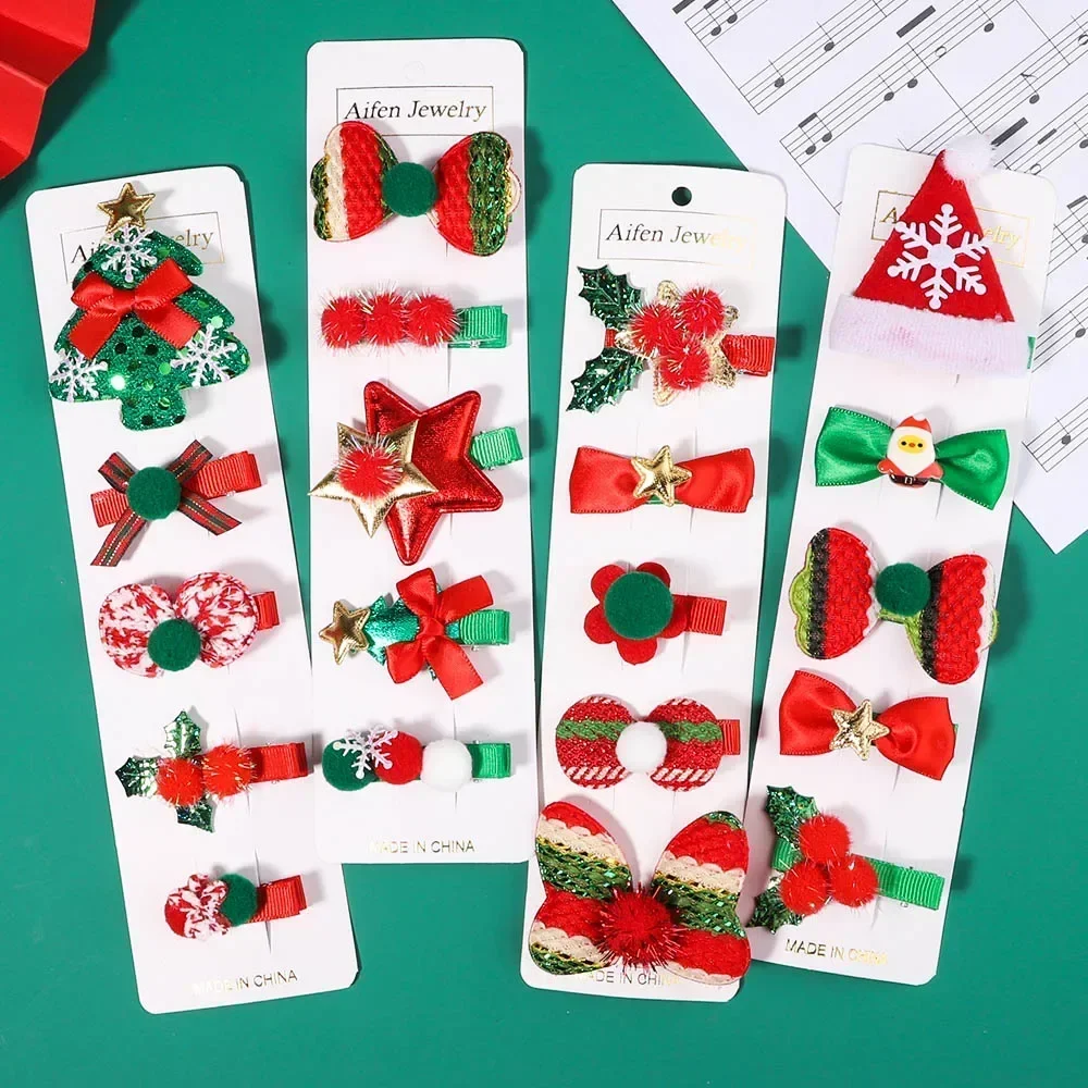 5Pcs/set New Baby Christmas Hairpin Christmas Tree Snowflake Hair Clips Party Headwear Festival Girls Hair Accessories Gifts 50pcs lot organza gift bag hot gold color printing snowflake drawstring pouches for wedding christmas party candy packing