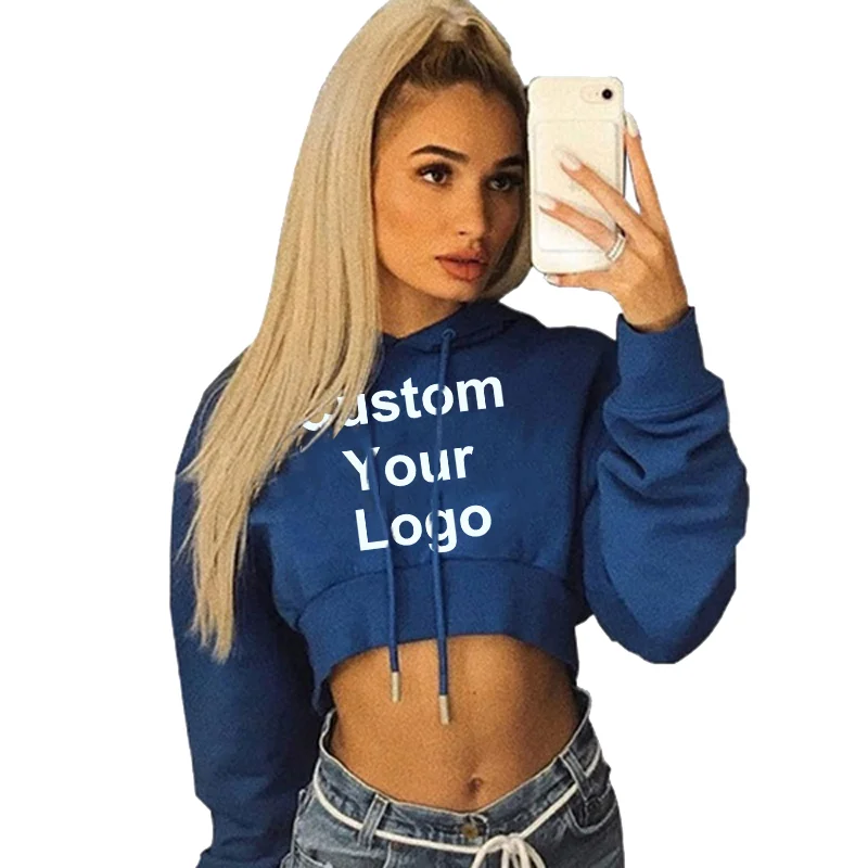 Womens Custom Your Logo Casual Long Sleeve Hooded Sweatshirt Plain Crop Tops Pullover Hooded Sweatshirt Cropped Hoodie Short Swe 6