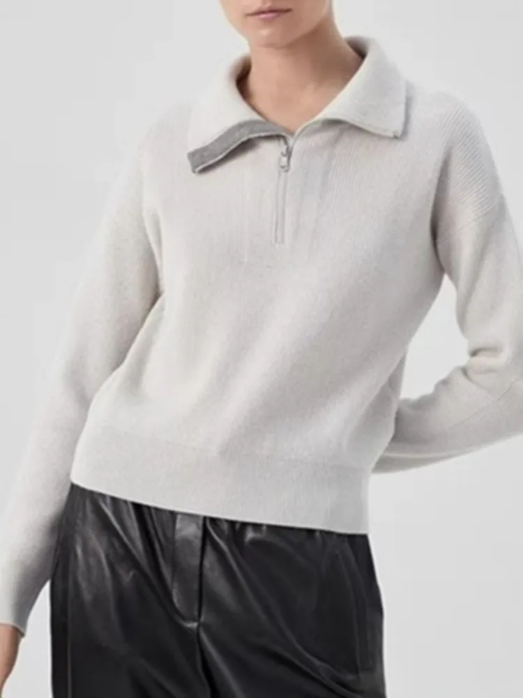 

100% Cashmere Women Beading Chain Sweater Female Turn-Down Collar Long Sleeve Casual Half Zipper Pullover