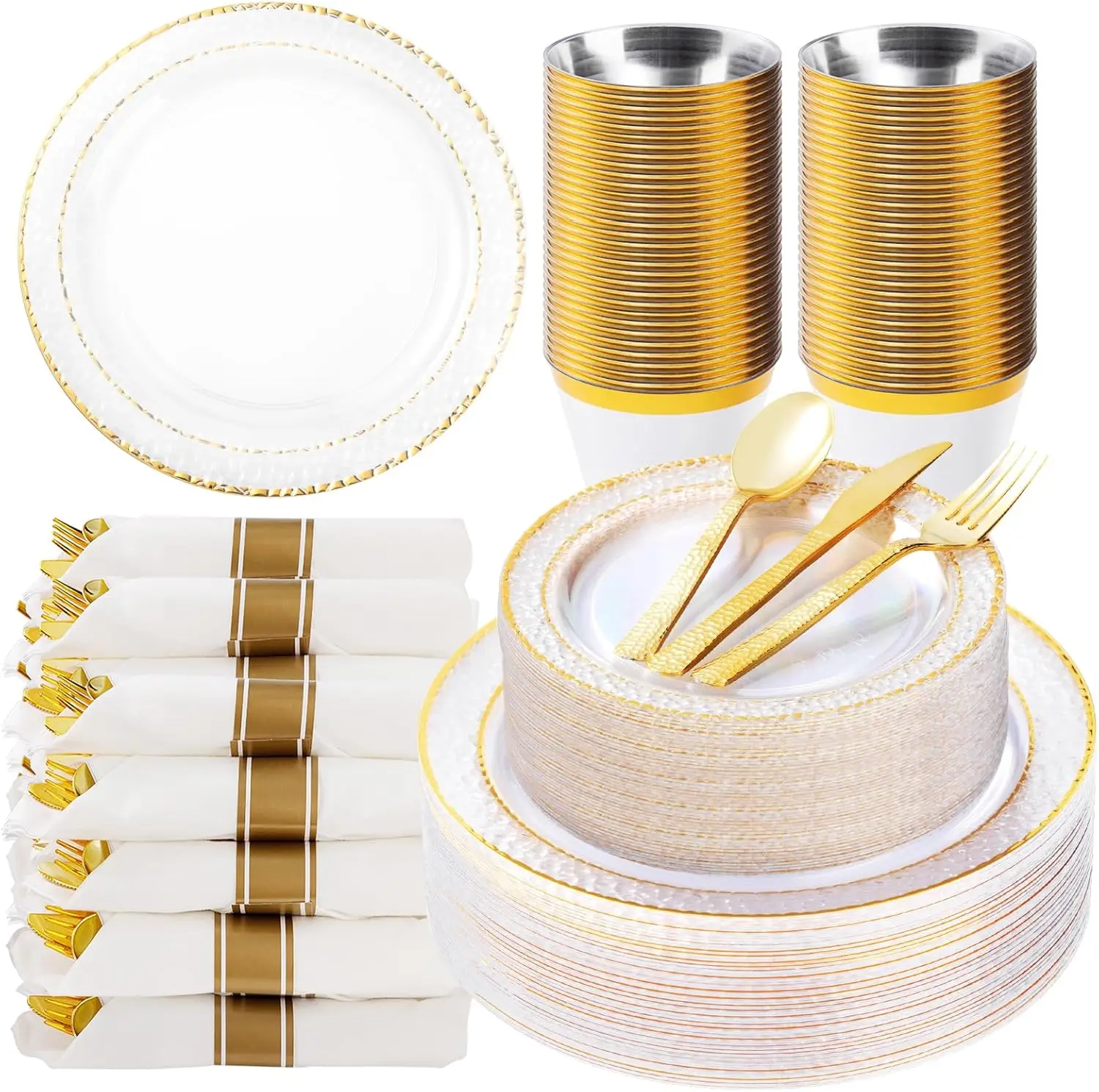 350PCS Clear Plastic Plates with Gold Trim for 50 Guests Disposable Dinnerware Set for Party Includes 100 Plastic Plates