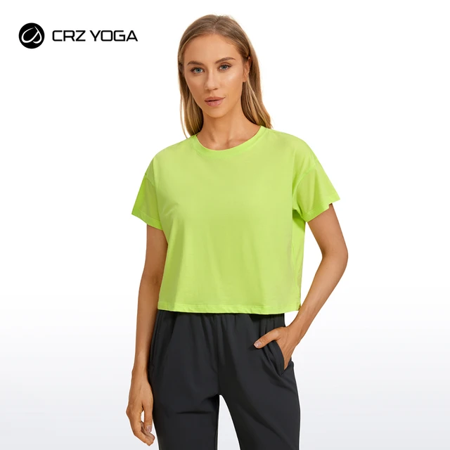 CRZ YOGA Women's Pima Cotton Workout Crop Tops Short Sleeve Yoga