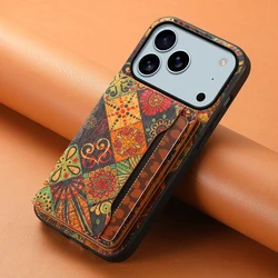 Classical Floral Matte Leather Phone Case with ID Card Pocket & Stand Holder - Shockproof Soft Shell for iPhone 17 Pro Max (Yellow)
