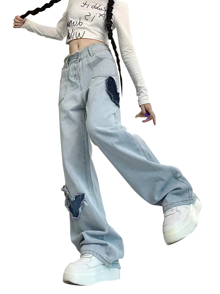 Light Blue Jeans Butterfly Applique Embroidery High Waist Straight Pants Loose Ripped Wide Leg Denim Pants Women Pocket Trousers