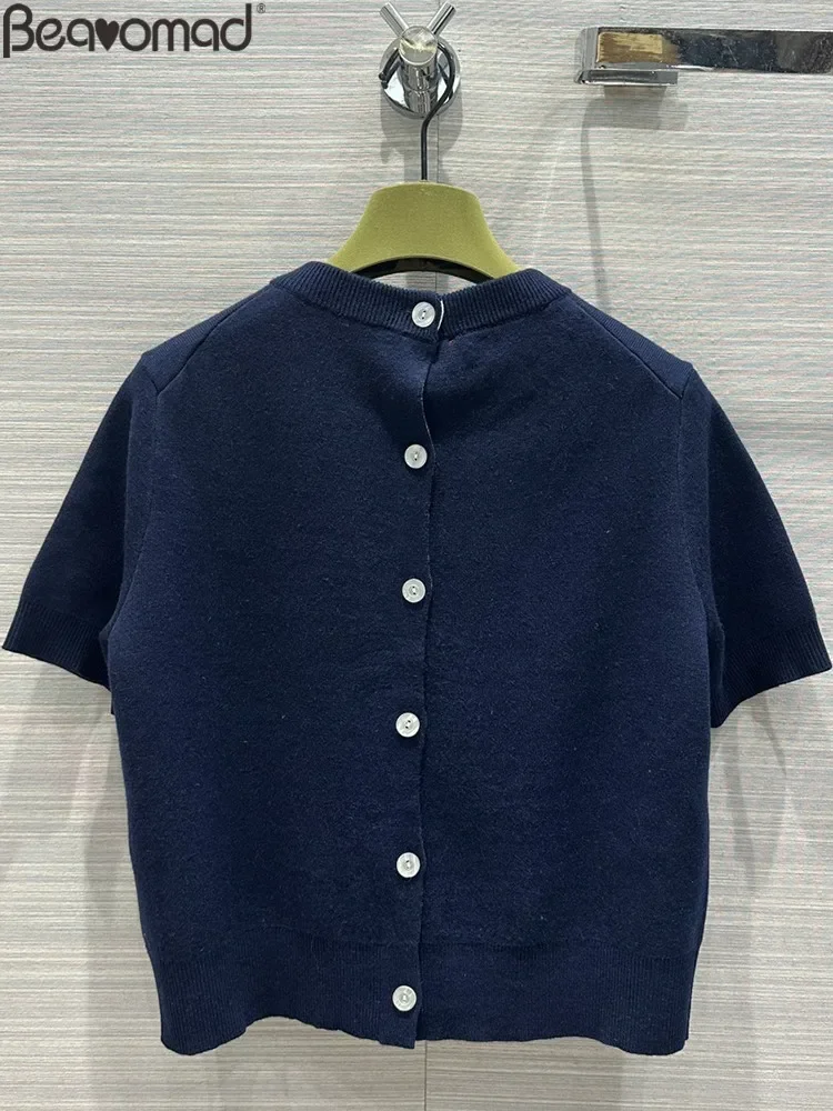 

Fashion Runway Spring Summer Dark Blue Casual Cardigan Women's O-Neck Short Sleeve Single Breasted Partial Loose Tops