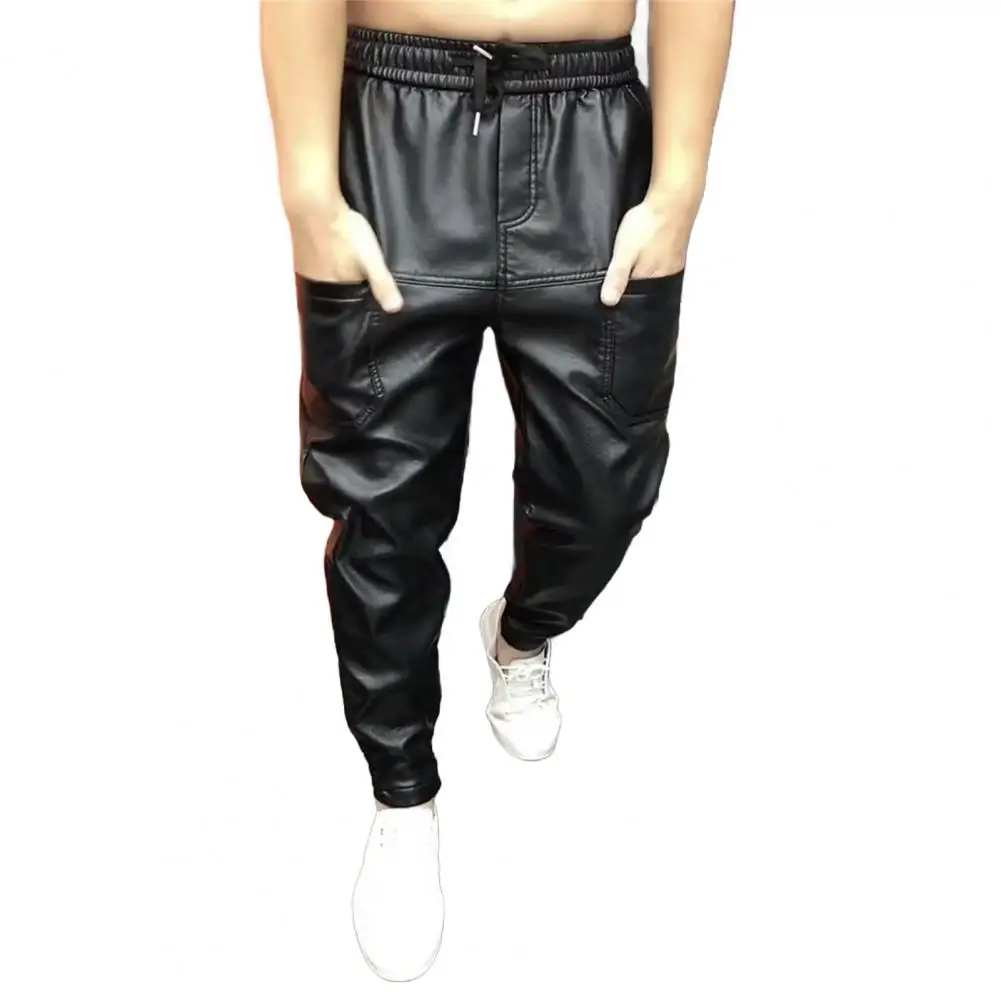 Black Elastic Waist Pants Stylish Men's Faux Leather Pants With Pockets Stretchy Waist Motorcycle Style Trousers For Spring Fall men trousers leather pants
