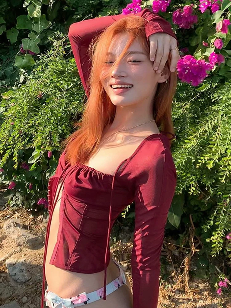 

Fashion Mesh Sexy Y2K Retro Red Crop Tops See-Through Slim T Shirts Lace-Up Backless Single-Breasted Button Tops