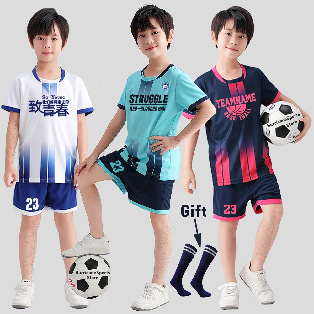 Boys Football Jerseys Sets Gift Socks , Custom Children Club Team Football  Training Uniform, Student Girls Soccer Sports Kits