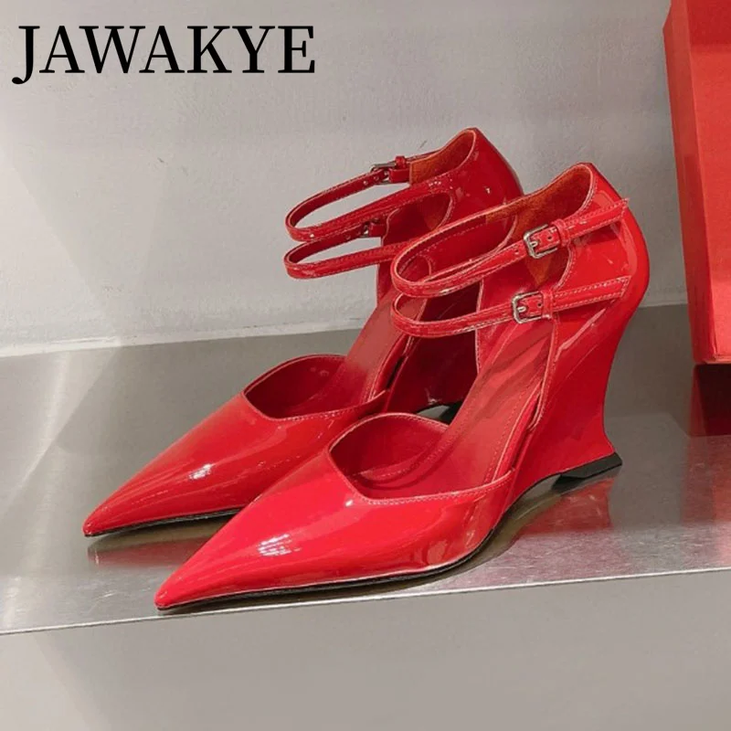 

High Quality Patent Leather Sandals Wedges Heel Sexy Narrow Band Ladies Pointed Toe Pumps Summer Banquet Dress Shoes for Woman
