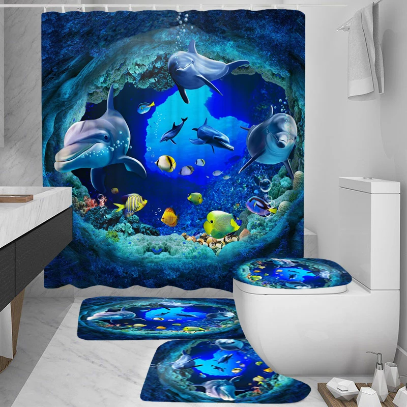 Deep-Sea Tropical Fish Bathroom Waterproof Shower Curtain 12 Hooks & Bath Mat 