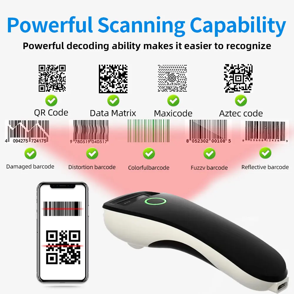 Mini 2D Barcode Scanner W6 Wireless Bluetooth Handheld Portable 1D 2D QR Code Data Matrix PDF417 Reader With Storage Function