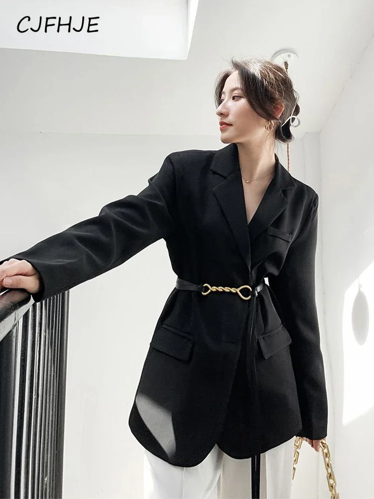 CJFHJE Vintage Fall Women Blazer Elegant Belt Korean Loose Black Turn Down Collar Ladies Jacket Casual Slim Female Coats Chic