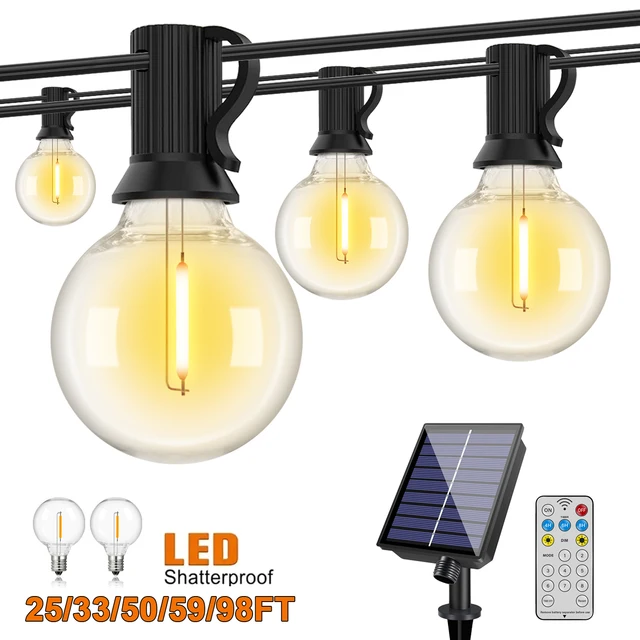 Guirlande solaire LED pour l'extérieur, 50 pieds, 100 pieds, 24V, G40, incassable, Rechargeable, suspendue, pour décoration de Patio, Pergola 1