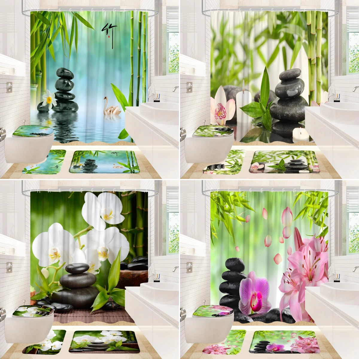 

4Pcs Zen Stone Shower Curtain River Green Bamboo Plant Flower Scenic Candle Spa Lotus Bathroom Set Toilet Cover Bathroom Mat Rug