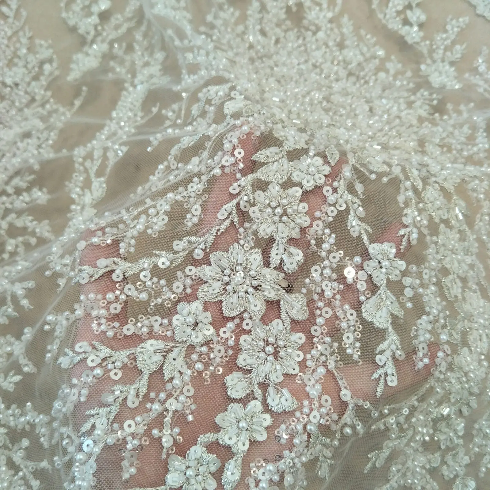 Off white Silver line Lace Fabric with beads and sequins for Wedding Dress DIY Children's Clothing Width 130cm lace fabric