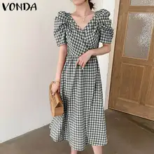 

VONDA Spring Short Sleeve Robe Deep V Neck Pleated Dress Women Party Plaid Long Sundress Femme A-Lined Bohemian Vestidos Female
