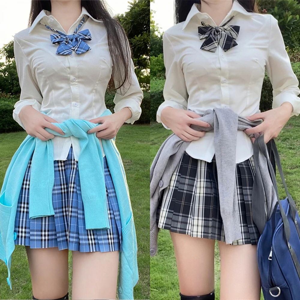 

Japanese School Uniform Girl Jk Shirt 3Pc Set Various Styles Long&short Sleeve Plaid Pleated Skirt with Bow Graduation Costumes