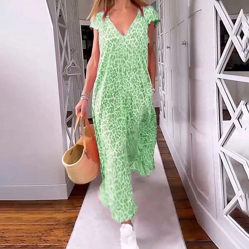 

Sexy V Neck Short Sleeve A Line Dress Summer Elegant Women Leopard Print Boho Long Dress Fashion Female Casual Loose Beach Dress