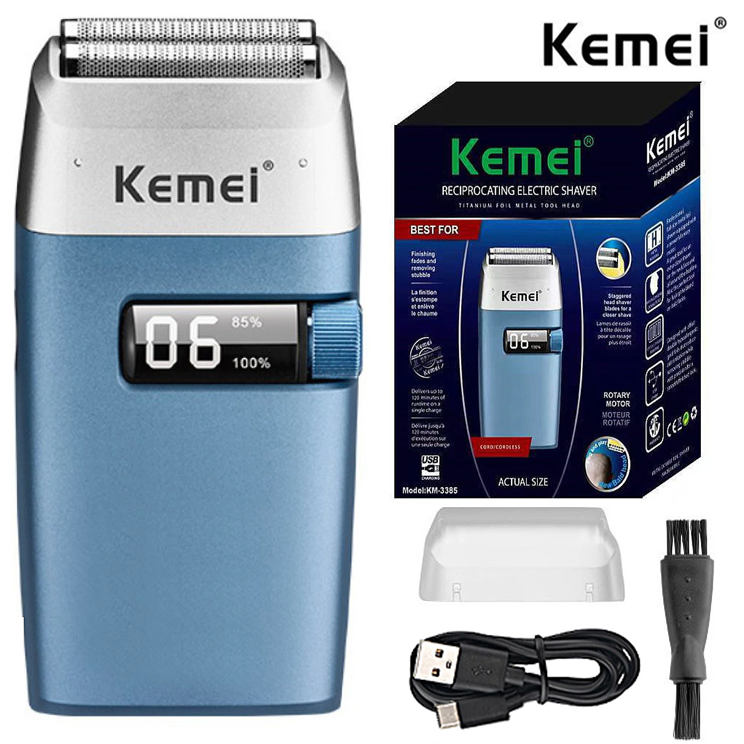 

Kemei 3385 Rechargeable Electric Shaver Hair Beard For Men Facial Stubble Electric Razor Fades Bald Head Shaving Machine Tool