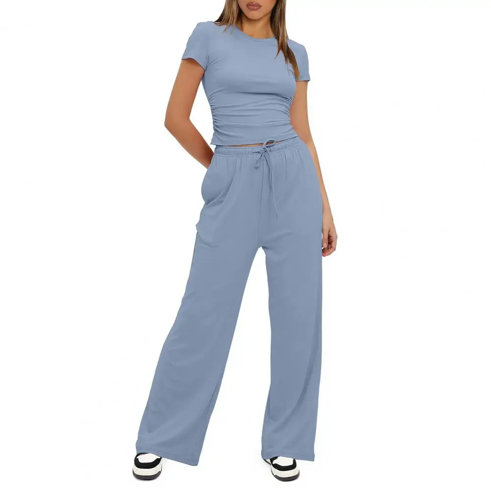 

Women Activewear Women's High Waist Yoga Set with Drawstring Pants O Neck Top Breathable Activewear for Summer Sportswear Women