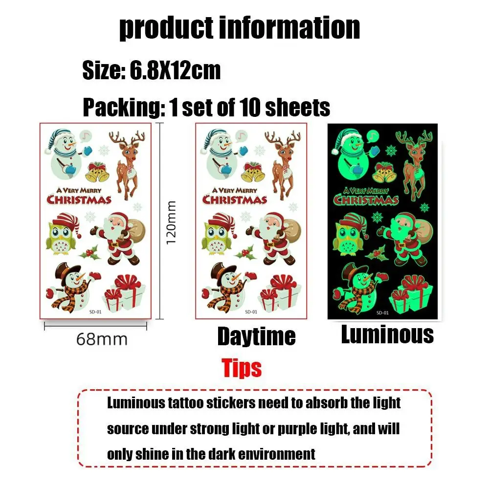 Decoration Gift Kids Party Fake Tattoo Holiday Fake Tattoo Luminous Tattoo Sticker Christmas Temporary Tattoo Body Art Stickers