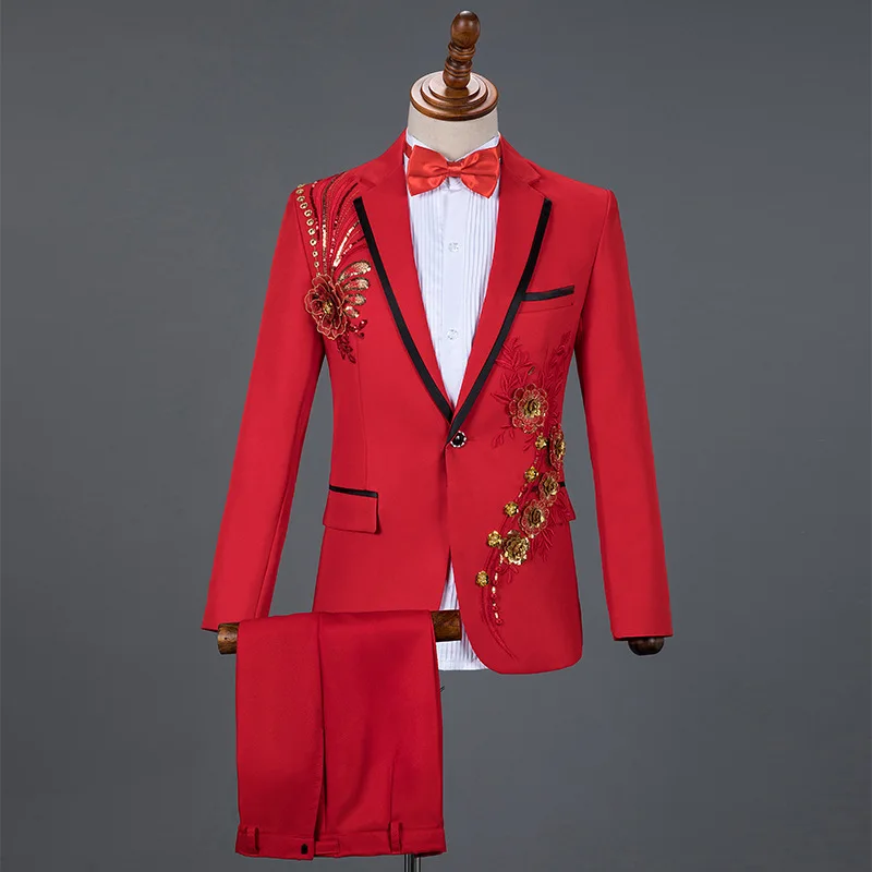 White Wedding Groom Men's Suit 2 Pieces Black One Button Sequin Embroidery Slim Fit Blazer Singer Stage Prom Chic Male Pants Set