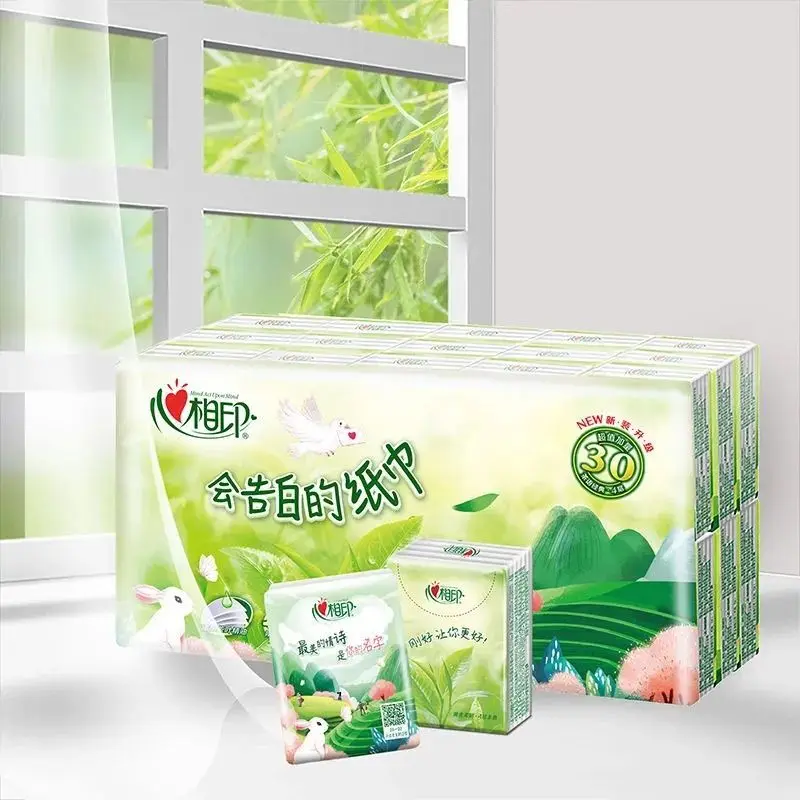 30 Packs Tea-scented Handkerchief Paper Towels 4Ply Thickened Portable Small Packs of Napkins Facial Tissues Wet Water Available