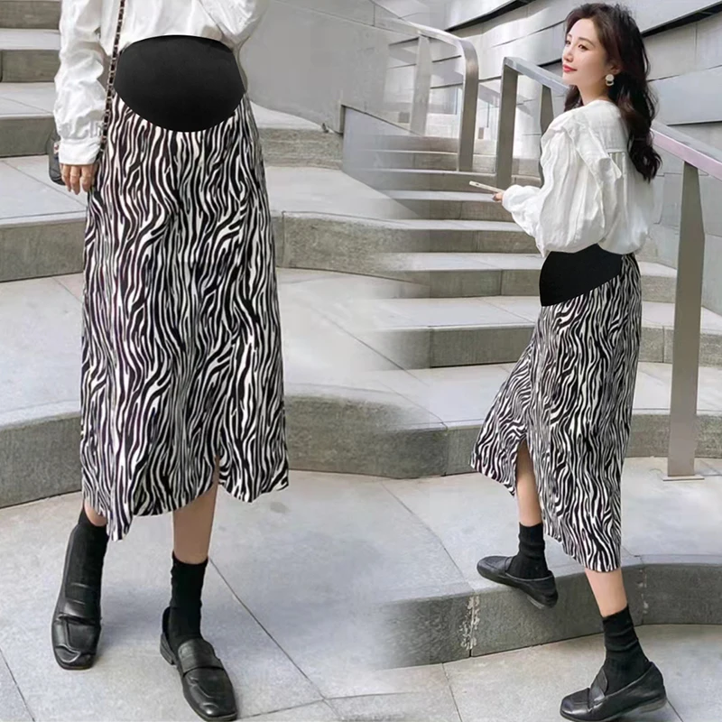 

Fashion Printing Pregnant Women Split Skirts Mid-Calf High Waist Maternity Empire Skirt Vintage Plaid Pregnancy Straight Skirts