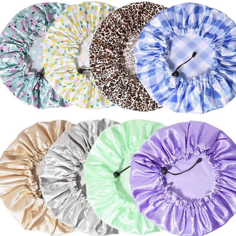 Shower Caps Reusable Waterproof Double Layer with PEVA Lining Adjustable Elastic Band