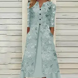 Women's V Neck Dress Button Trim 3/4 Sleeve Pocket Loose Hem Midi Dress Women's Floral Print A Line Casual Dress