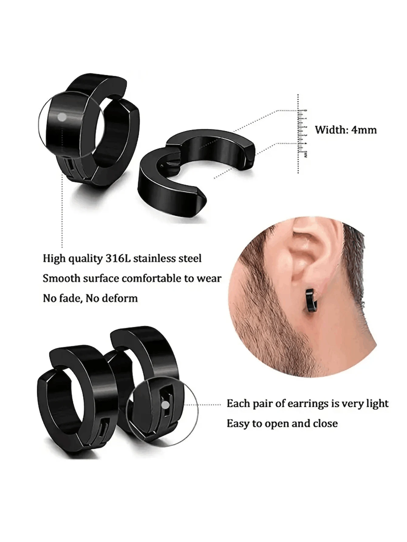 Men's Punk Cross Square Zircon Stainless Steel Magnet Fake Earrings Set 4-10 pairs ear clip earrings clip earrings ear clip stud earrings magnetic earrings ear accessories