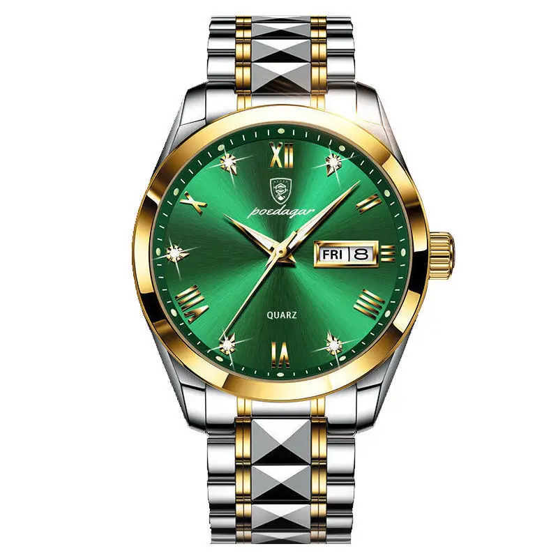 

Brand New Fashion Green Dial Luminous Quartz Watch for Men Luxury Stainless Steel Waterproof Calendar Mens Watches Week Display