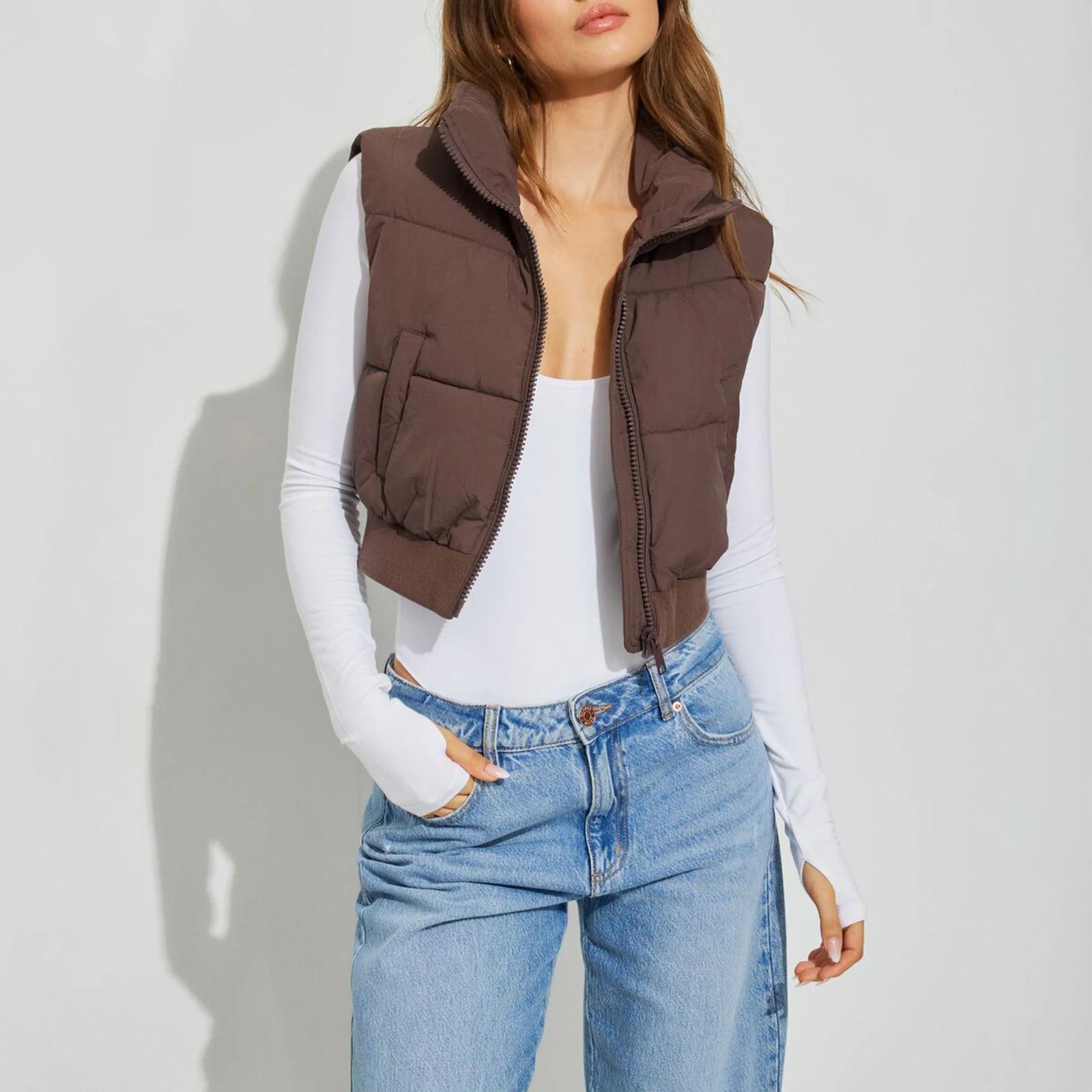 

Fashion Women Cropped Puffy Vest Solid Color Warm down Jacket Zipper Cardigan for Winter Outwear Streetwear Casual Outfits