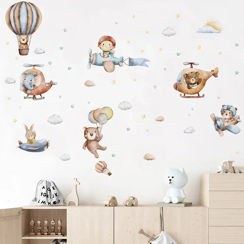 Cartoon Animal Airplane Hot Air Balloon Children's Room Wall Stickers ...