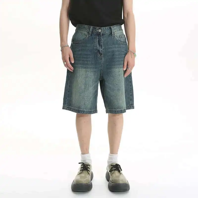 LUZHEN Summer Men Casual Shorts Loose Jeans High Mid Waist Fashion Knee Lenght Denim Short Pants Vintage Washed Male New LZ9723